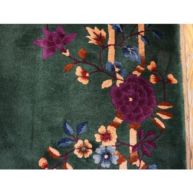 1920s Green Bamboo Floral Antique Chinese Art Deco Rug 4'2" X 7' Knotted Wool Carpet For Sale - Image 14 of 15