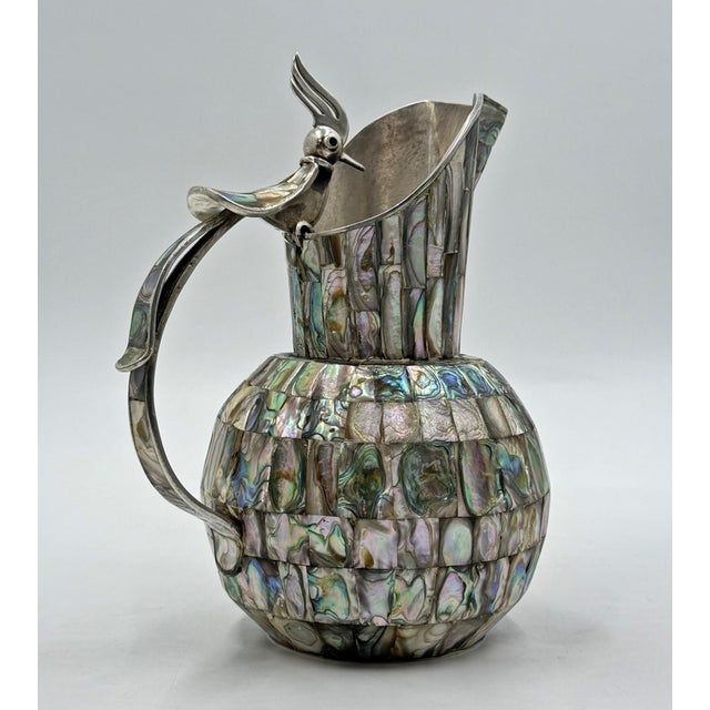 1960s Mexican Alpaca Silver & Abalone Bird of Paradise Pitcher Set - 7 pcs For Sale - Image 9 of 18