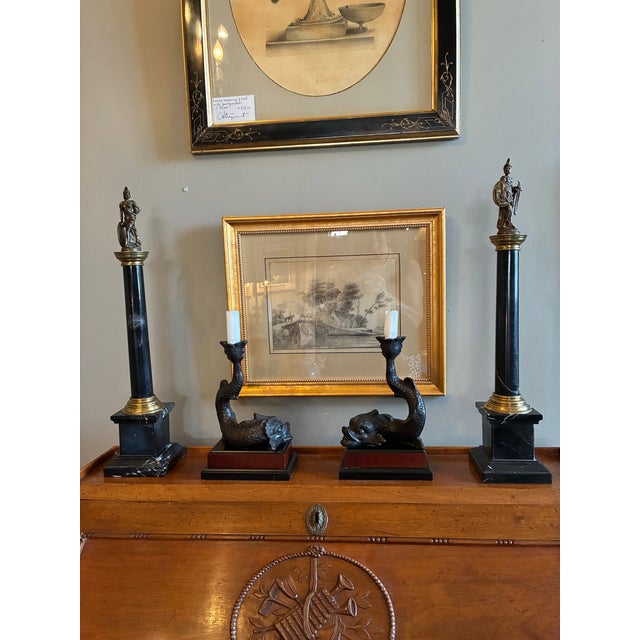 Pair of Grand Tour Marble Column Statues With Neoclassical Figures, Late 1800’s For Sale - Image 9 of 11