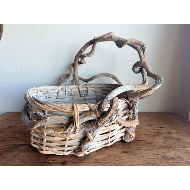 Vintage Twig Handle Basket Woven Oval For Sale In San Francisco - Image 6 of 12