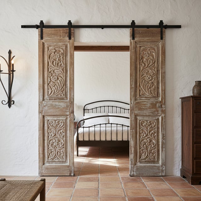 Mid-Century Modern Antique Hand-Carved Floral Barn Doors With Iron Studs – Rustic Hinged or Sliding Double Doors 80x39 For Sale - Image 3 of 4