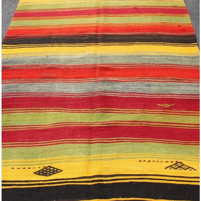Colorful Vintage Turkish Kilim Rug With Subtle Tribal Shapes and Stripes Design For Sale In Atlanta - Image 6 of 13