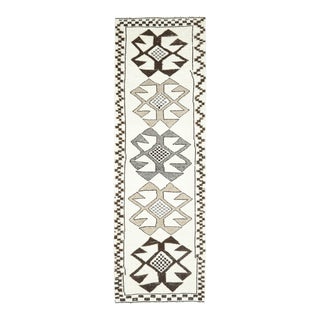 1970s Vintage Turkish Hand-Knotted Wool Cotton White Runner Rug For Sale