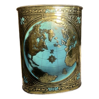 1970s Small Gold World Map Wastebasket With Teal Accents For Sale
