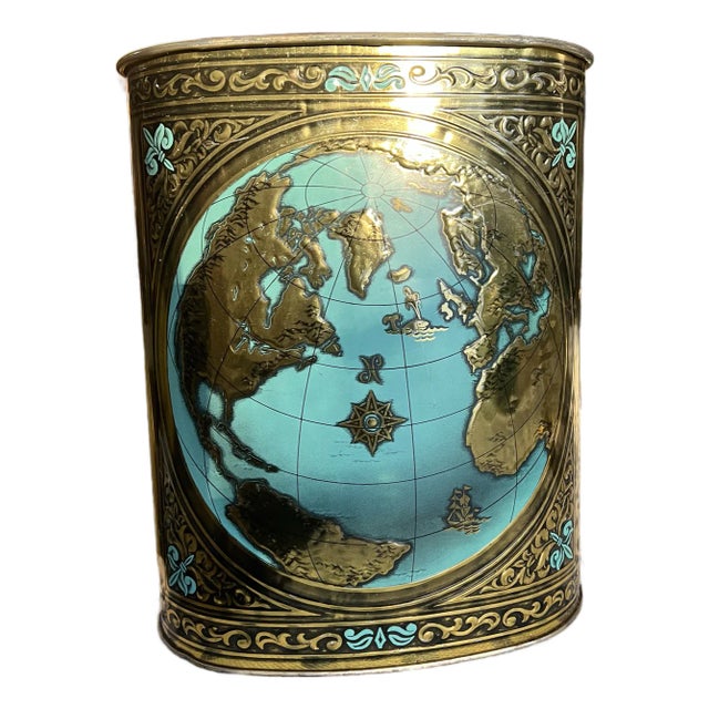 1970s Small Gold World Map Wastebasket With Teal Accents For Sale