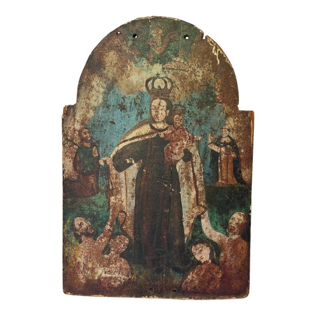 1805 Spanish Colonial Retablo of Our Lady of Mount Carmel With Souls in Purgatory – Painted Wood Devotional Panel For Sale