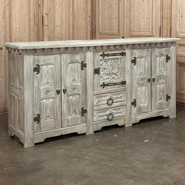 Antique Grand Normandy Rustic Gothic Revival Whitewashed Buffet For Sale - Image 4 of 14