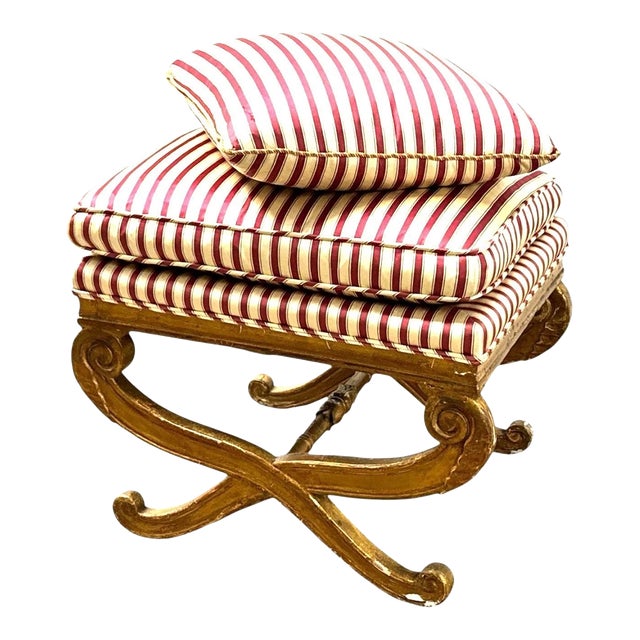 Antique French Empire Curule Vanity Foot Stool Seat W Pillows For Sale