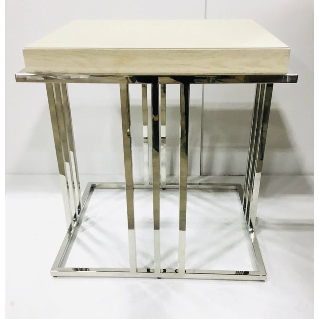 Stylish Modern Polished Nickel and Beige Wood End Table, showroom floor sample