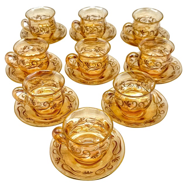 Gold 9 Art Nouveau Citrine Gilt Enamel Crystal Demitasse Cups & Saucers, Atrib. Moser For Sale - Image 8 of 18