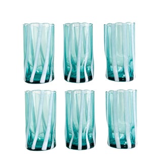 Riviera Blue Striped Italian Murano Glass Tumbler Glasses With Scalloped Rim Set of 6 For Sale