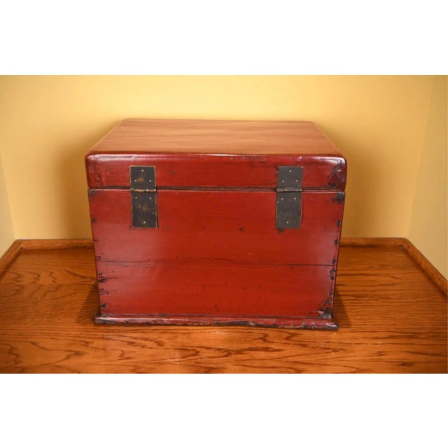 Wood Antique Chinese Red Lacquered Wooden Chest For Sale - Image 7 of 11