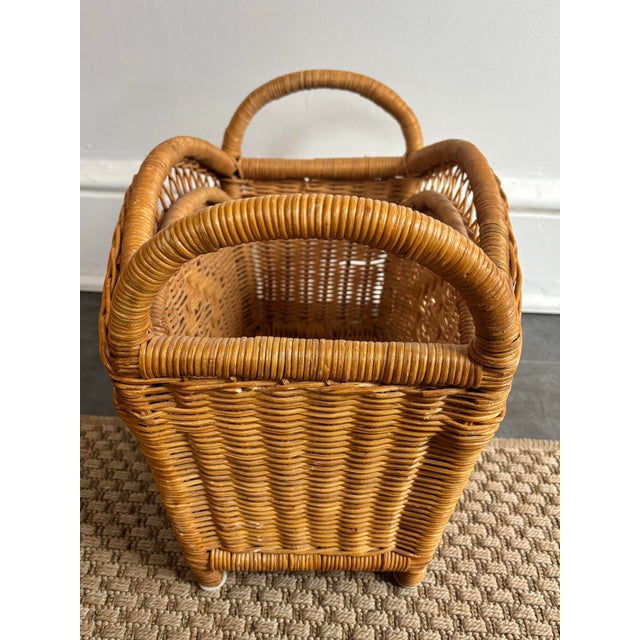 Vintage Coastal Wicker Magazine Rack With Handles For Sale - Image 4 of 8
