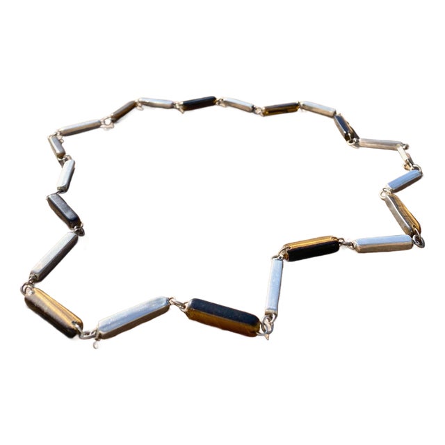 Carved Tiger Eye Gemstones + Sterling Siver Modernist Minimalist Link Necklace For Sale
