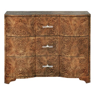 Matthew Izzo Home Plymouth Dark Burlwood Three Drawer Chest With Brass and Acrylic Handles For Sale