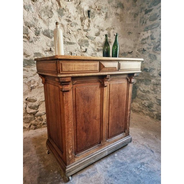 Antique French Oak Shop Counter Kitchen Island on Castors, 1880 For Sale - Image 12 of 18