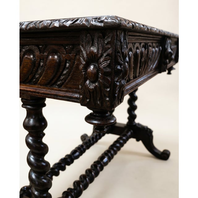 Antique English Jacobean Revival Carved Oak Library Writing Table by Hobbs & Co. London For Sale - Image 10 of 12