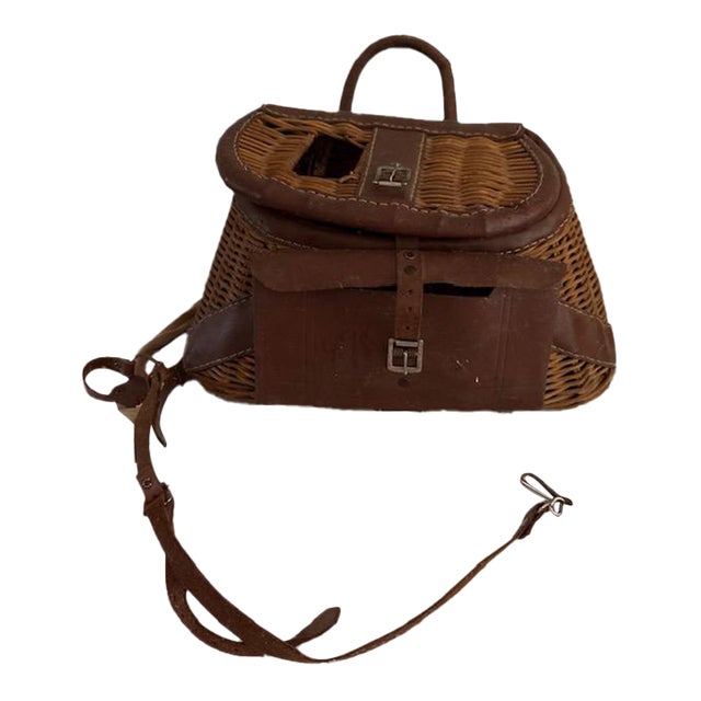 Antique Wicker and Leather Fishing Creel Basket With Strap For Sale