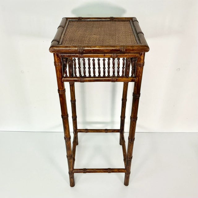 Burnt Umber 1980s Vintage Coastal Boho Chic Wicker Top & Faux Bamboo Plant Stand For Sale - Image 8 of 11