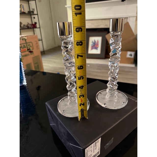 Transparent Pair of Orrefors Carat Clear Candlestick by Lena Bergstrom Pair NWT in Box For Sale - Image 8 of 8