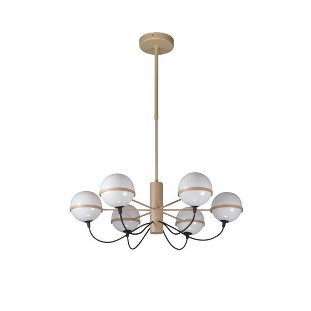 Italian chandelier with six white opaline glass globes held by champagne colored metal structure / Made in Italy by Fabio...