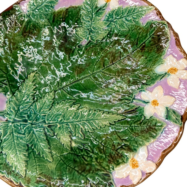 Joseph Holdcroft Majolica Plate With Leaf, Ferns and Flowers, English, Ca. 1875 For Sale - Image 6 of 11