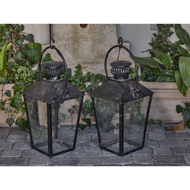 Mid 20th Century Mid 20th Century English Country House Iron Lanterns with Glass Panels, Unwired - a Pair For Sale - Image 5 of 8