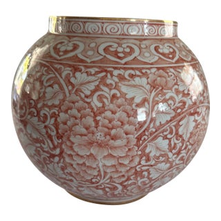 Hand Painted Vase From Thailand With 24k Gold Trim Work Coral Color Flowers For Sale