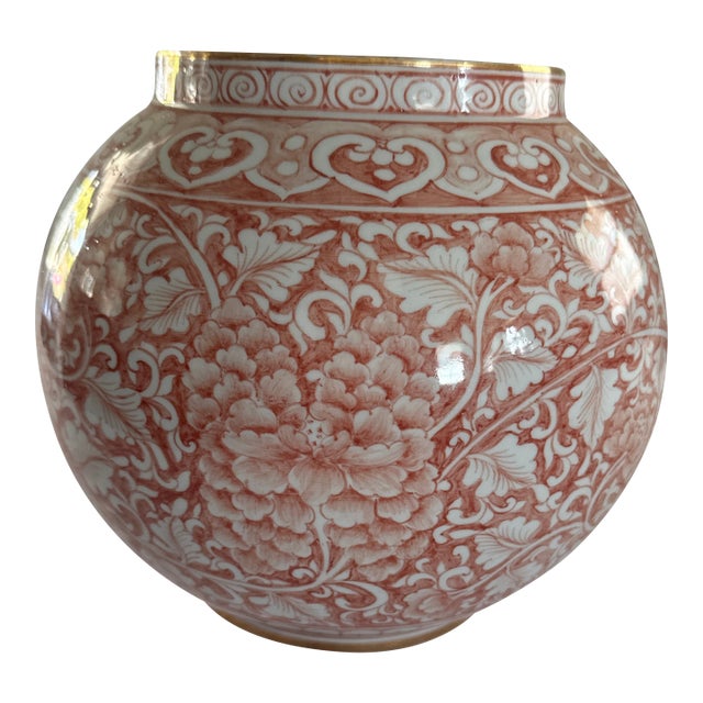 Hand Painted Vase From Thailand With 24k Gold Trim Work Coral Color Flowers For Sale