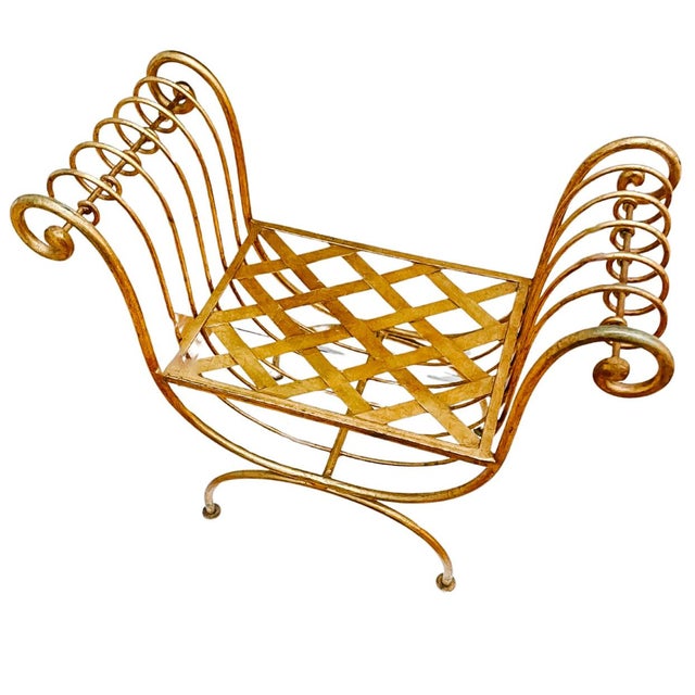 Mid-Century Modern 1960 Italian Hollywood Regency Gilt Wrought Iron Curule Vanity Bench For Sale - Image 3 of 8