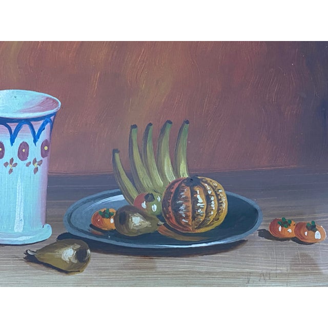 Impressionist Vintage Still Life Painting With Fruit and Porcelain Cup C.1970 For Sale - Image 3 of 9