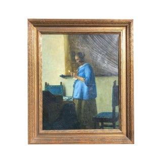 20th Century Antique Vermeer the Woman in Blue Oil on Canvas Portrait Painting in Gilt Frame For Sale