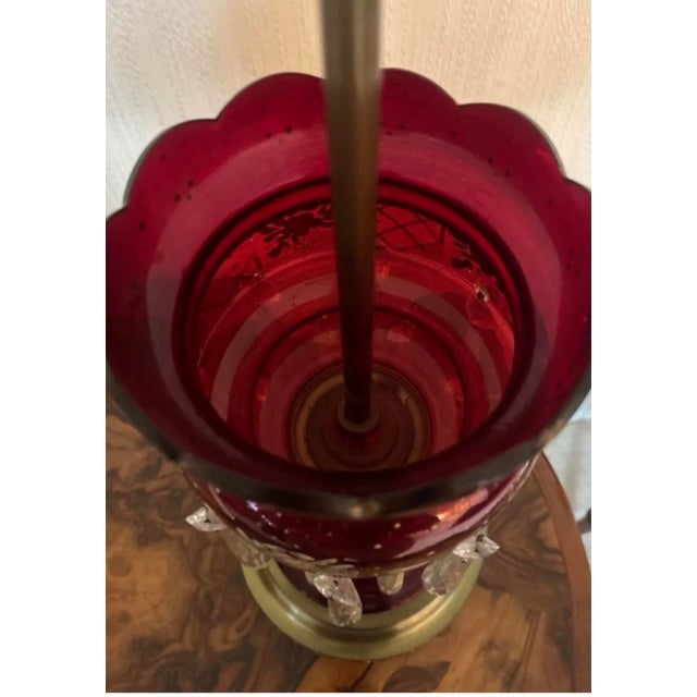 Late 19th Century Late 19th Century Victorian Bohemian Cranberry Glass Lustre Table Lamp With Enameled Flowers & Crystal Prisms For Sale - Image 5 of 6