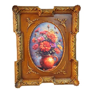 French-Inspired Floral Still Life Wall Art – Vibrant Bouquet in a Decorative Vase With Ornate Carved Wood & Gold Leaf Frame For Sale