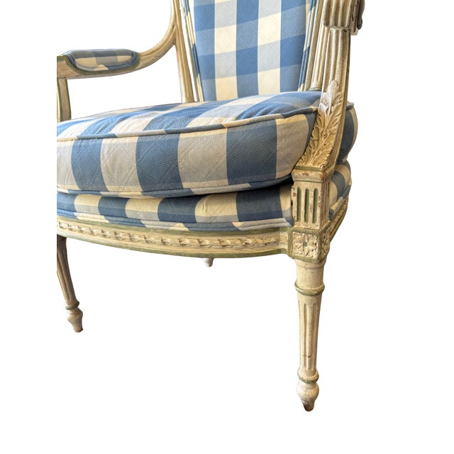 Blue Mid 20th Century Carved Armchair With Blue Gingham Upholstery For Sale - Image 8 of 12