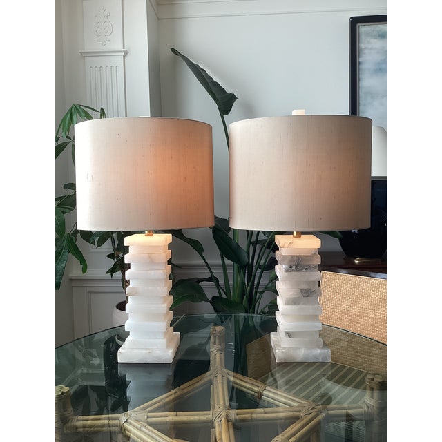Alabaster John-Richard Stacked Alabaster Column Table Lamps With Raw Silk Shades - a Pair For Sale - Image 8 of 9