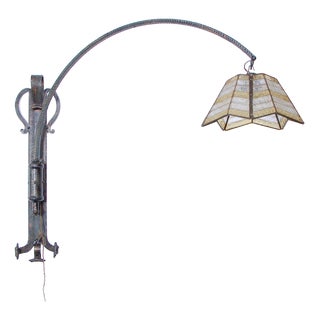 Large Arc Wall Lamp in Wrought Iron & Mosaic Glass, 1930s For Sale