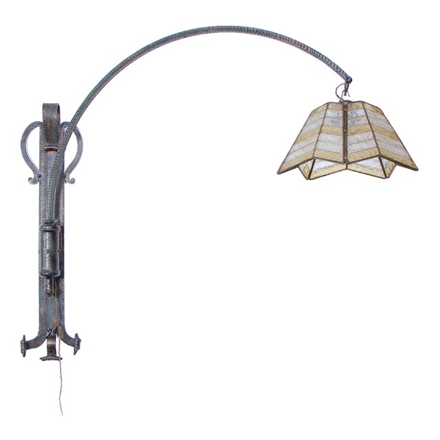 Large Arc Wall Lamp in Wrought Iron & Mosaic Glass, 1930s For Sale