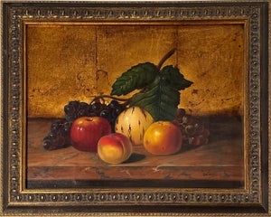 Framed Oil Painting With Fruit on Gold Background - “Untitled Still Life” by Azari