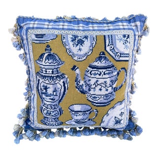 Vintage Blue/White Needlepoint Decor Pillow W/Fringe For Sale