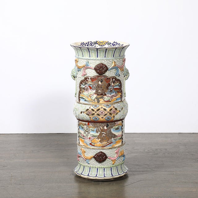 Japanese Vintage Japanese Satsuma Bead-Design Ceramic Umbrella Stand For Sale - Image 3 of 14