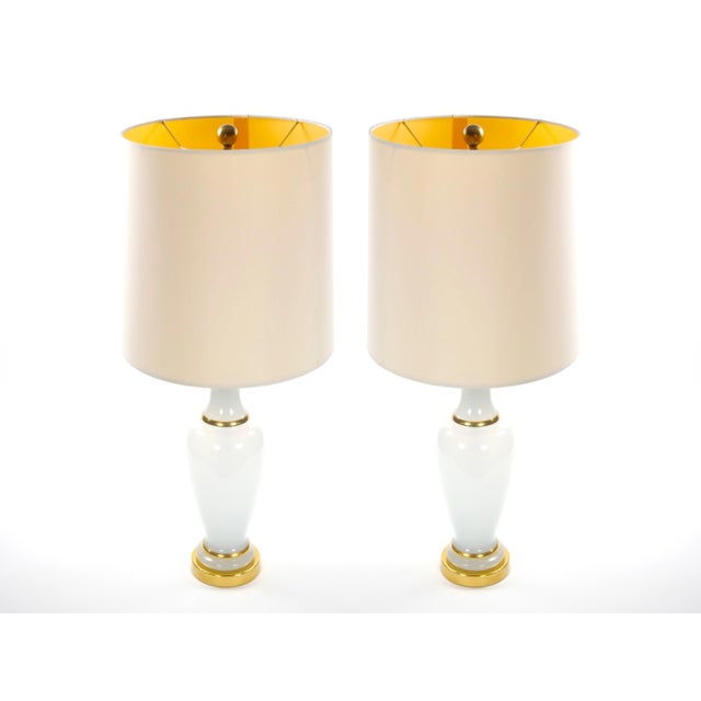 Hollywood Regency 20th Century Hollywood Regency Opaline Glass and Gold-Banded Table Lamps, Pair For Sale - Image 3 of 11