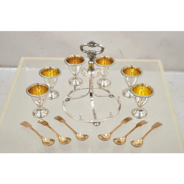 Victorian Antique English Victorian Silver Plated Egg Server W/ Spoon Set - Service for 6 For Sale - Image 3 of 10