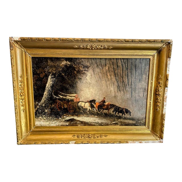 19th Century Christian Adolph Schroeder Oil on Canvas of Carriage or Sleigh Pulled by Horses For Sale