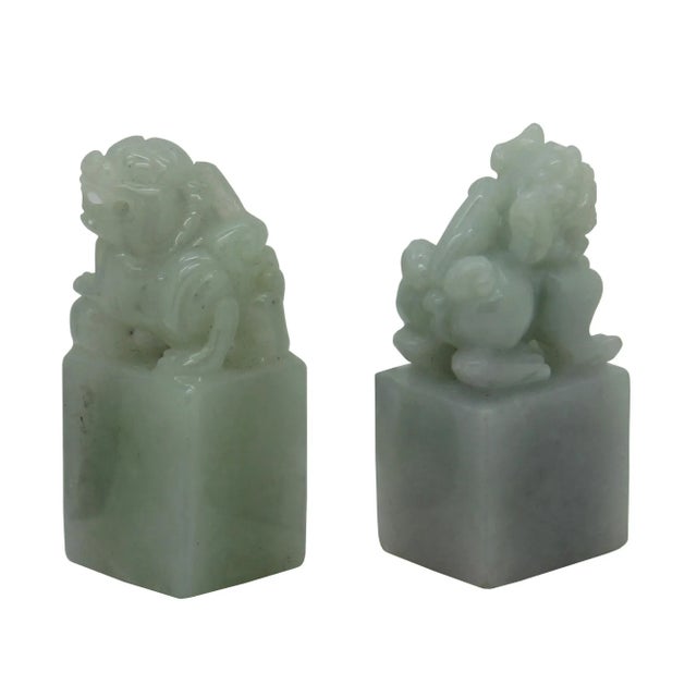 Art Deco Detail Carved Natural Jade Chinese Table TopFoo Dog Statue - a Pair For Sale - Image 3 of 7
