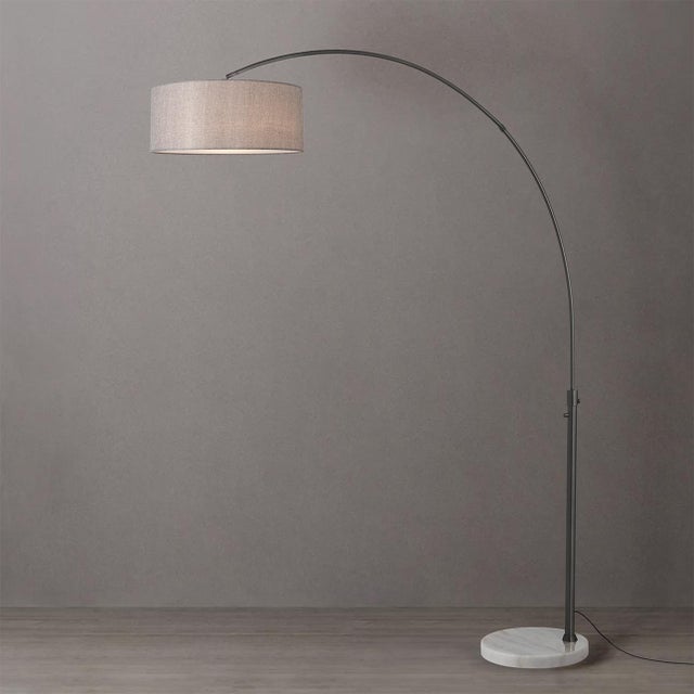 Mid-Century Modern 1960s Mid Century Float Arc Floor Lamp - 92" Modern Arc Lamp, Black Nickel Steel Body, White Marble Base, Cashmere Gray Linen Shade, Dimmable For Sale - Image 3 of 4