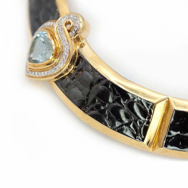 1990s Rare Gucci 18k Yg Diamond Aquamarine Black Enamel Necklace and Earring Set For Sale In New York - Image 6 of 15