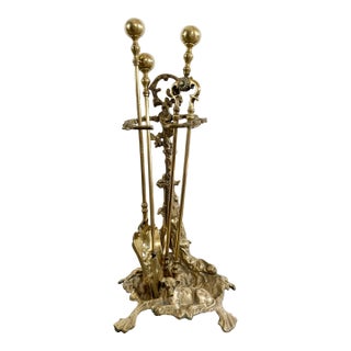 Antique Art Nouveau Style Brass Fireplace Tools on French Hunting Motif Stand For Sale