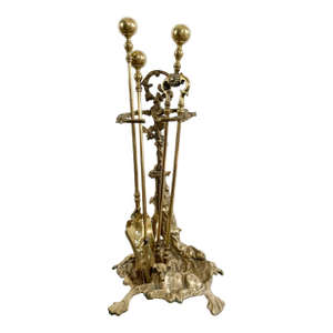 Antique Art Nouveau Style Brass Fireplace Tools on French Hunting Motif Stand