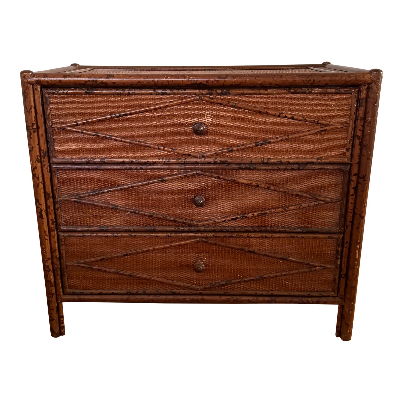 1970s Bloomingdales Burnt Bamboo Tortoiseshell 3 Drawer Rattan Dresser